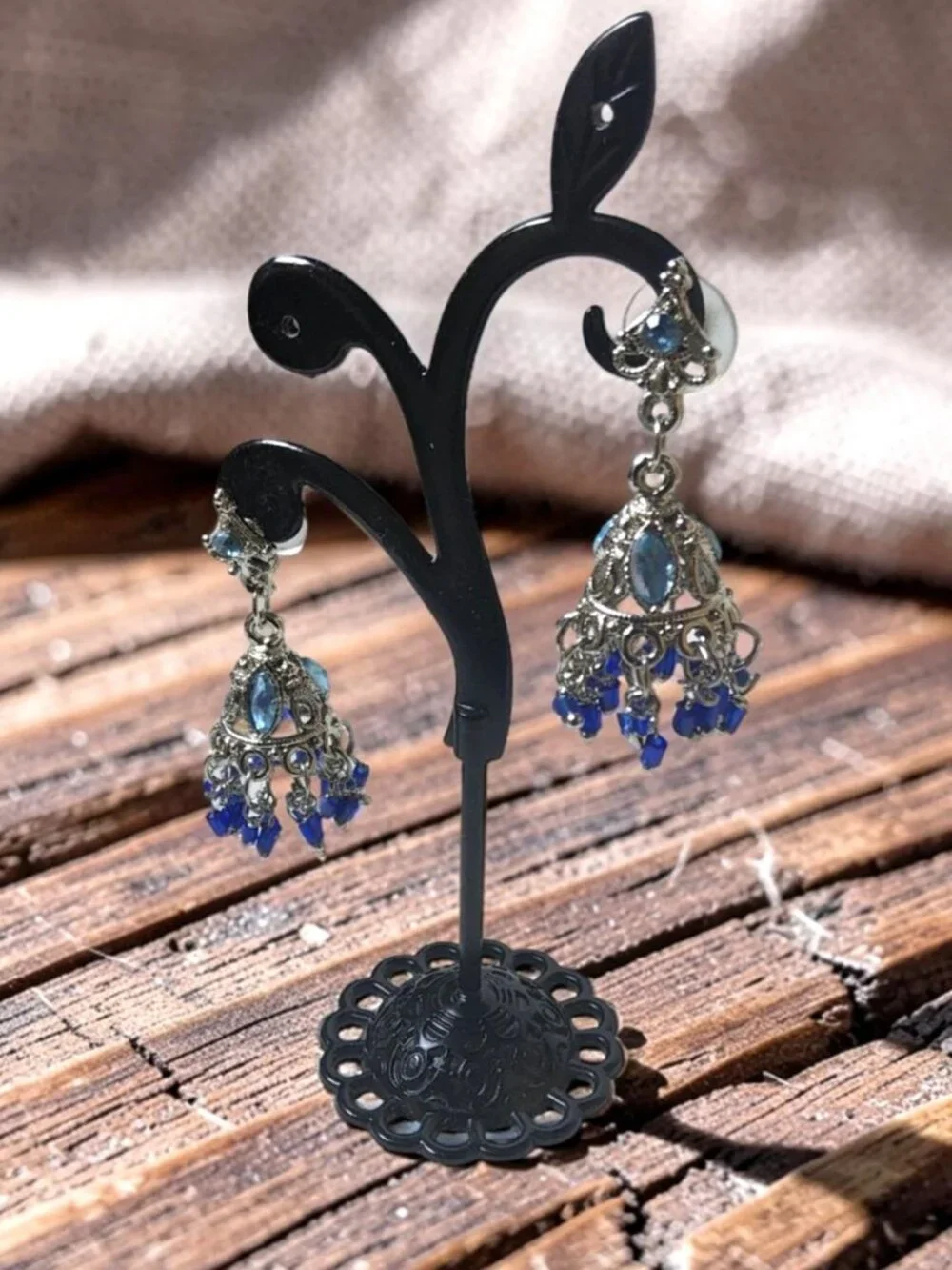 vintage silver tone hombre blues chrystals chandelier dangle earrings